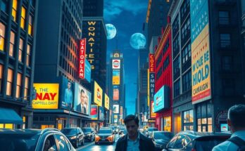 A vibrant cityscape of Manhattan at night during a political campaign, featuring bright lights and bustling streets.