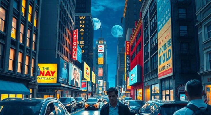 A vibrant cityscape of Manhattan at night during a political campaign, featuring bright lights and bustling streets.