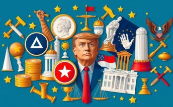 Grup diversificat de simboluri reprezentând puterea în administrația lui Trump, cu legături financiare și personale.