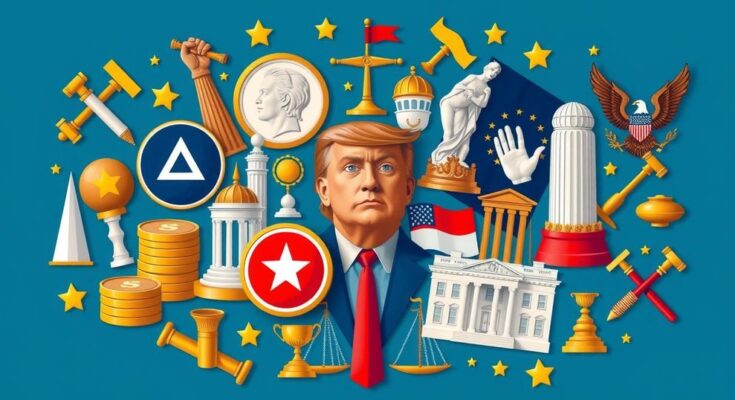 Grup diversificat de simboluri reprezentând puterea în administrația lui Trump, cu legături financiare și personale.