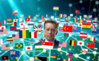Elon Musk in digital political landscape with interconnected global flags and social media icons, vibrant colors