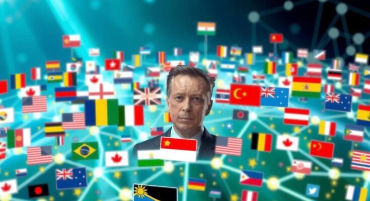Elon Musk in digital political landscape with interconnected global flags and social media icons, vibrant colors