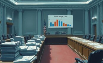 Réunion du Sénat sur les coupures budgétaires, avec un état-major, des documents et des graphismes financiers en arrière-plan.