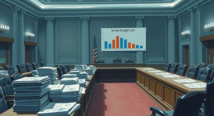 Réunion du Sénat sur les coupures budgétaires, avec un état-major, des documents et des graphismes financiers en arrière-plan.