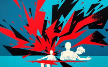 Billionaire's influence on government depicted through abstract colors and dynamic shapes in a modern art style.