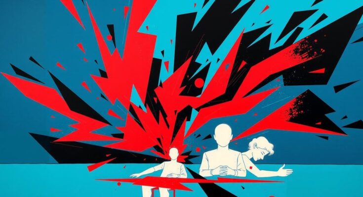 Billionaire's influence on government depicted through abstract colors and dynamic shapes in a modern art style.