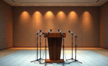 Briefing room with podium and microphones, reflecting political discussions and decisions.
