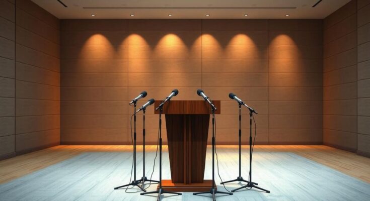 Briefing room with podium and microphones, reflecting political discussions and decisions.