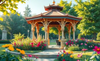 Pavilion in a city park, surrounded by lush greenery and colorful flowers, sunny day.