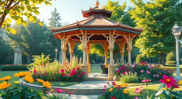 Pavilion in a city park, surrounded by lush greenery and colorful flowers, sunny day.