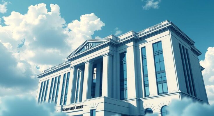 Rappresentazione artistica di un palazzo governativo moderno con colori blu e grigi, sullo sfondo una nuvola di schiarita.