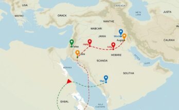 Peta strategis wilayah Timur Tengah dengan fokus pada jalur perdagangan minyak.