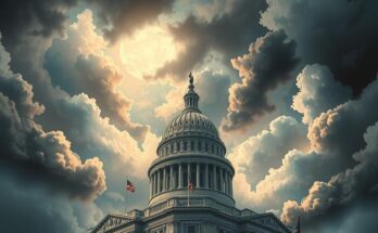 A political theme represented by a Capitol building with dark clouds and a light beam, in a realistic painting style.