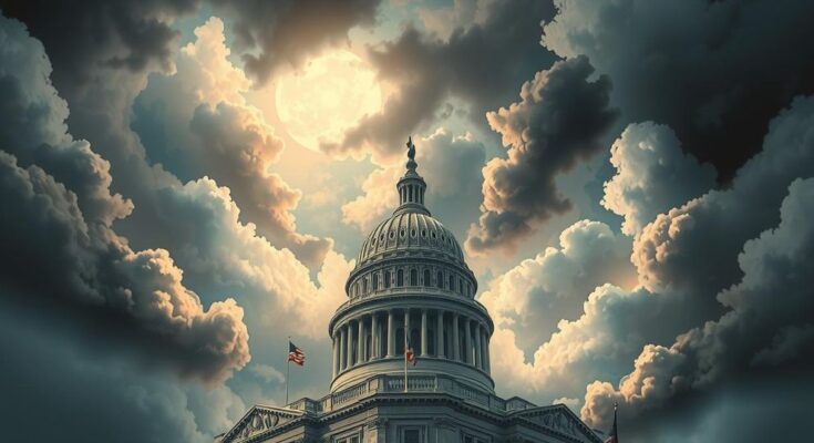 A political theme represented by a Capitol building with dark clouds and a light beam, in a realistic painting style.