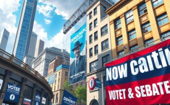 Politicians in a heated debate about socialist views while voters react with mixed feelings in a dynamic urban setting.
