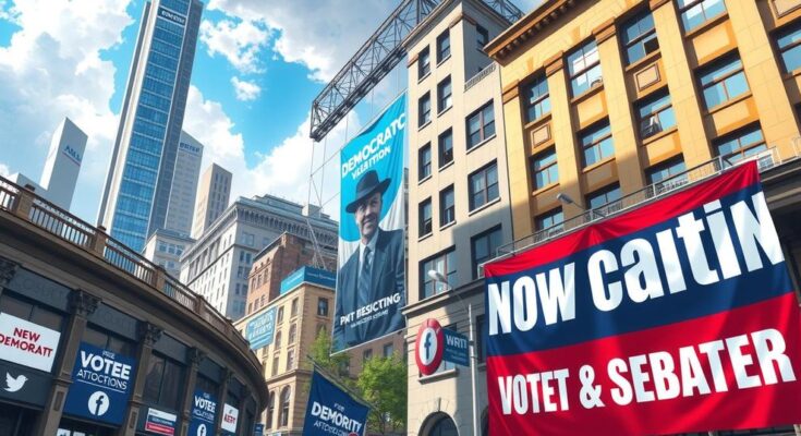Politicians in a heated debate about socialist views while voters react with mixed feelings in a dynamic urban setting.