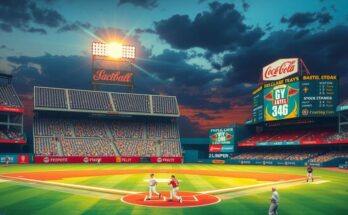 A baseball stadium with vivid, colourful banners and lights illuminating the field, symbolising sports and community engagement.