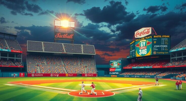 A baseball stadium with vivid, colourful banners and lights illuminating the field, symbolising sports and community engagement.