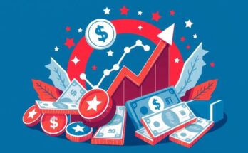Grafica cu simboluri financiare si repere politice, evidentiind forta politica si fundrising-ul in 2026.