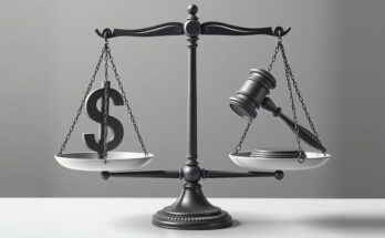 Political debate illustrating the intersection of finance and governance with symbolic elements of a currency and a gavel.