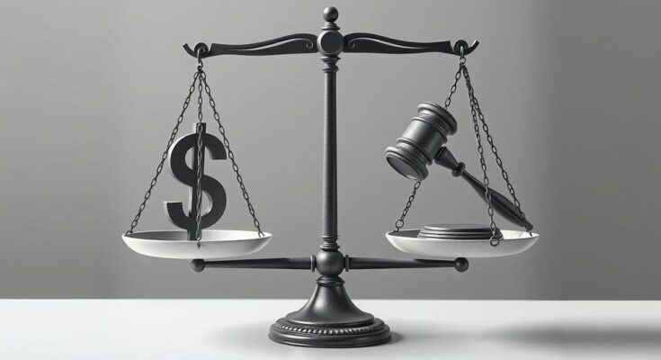 Political debate illustrating the intersection of finance and governance with symbolic elements of a currency and a gavel.
