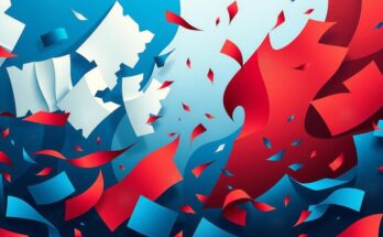 Un paesaggio politico astratto con simboli di divisione e incertezza, colori blu e rosso in contrasto.
