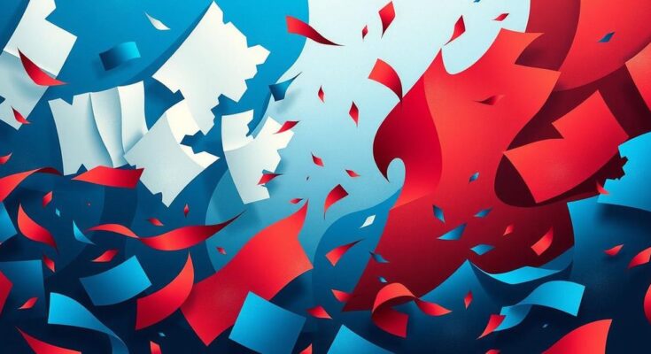 Un paesaggio politico astratto con simboli di divisione e incertezza, colori blu e rosso in contrasto.