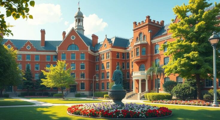 Imagine a Harvard University campus, showcasing its iconic buildings with lush greenery under a clear blue sky.