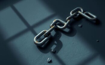 A stark representation of struggle, featuring a broken chain on a dark background symbolising the impact of cuts to welfare.
