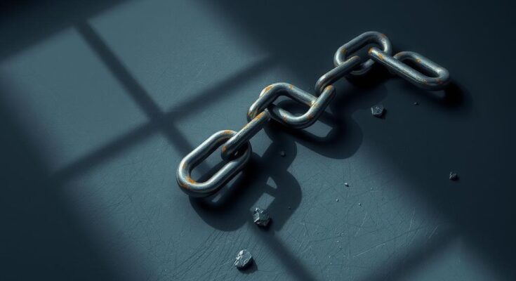 A stark representation of struggle, featuring a broken chain on a dark background symbolising the impact of cuts to welfare.