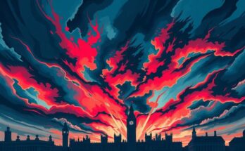 An intense political scene with symbolic representations of rivalry and diplomacy, featuring a dramatic skyline.