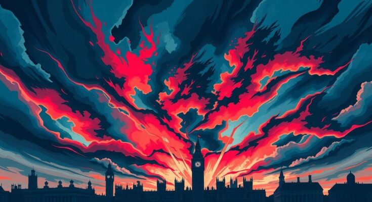 An intense political scene with symbolic representations of rivalry and diplomacy, featuring a dramatic skyline.