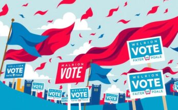 Une scène politique animée avec des symboles de démocratie, affiches électorales et couleurs vives, représentant une campagne électorale.
