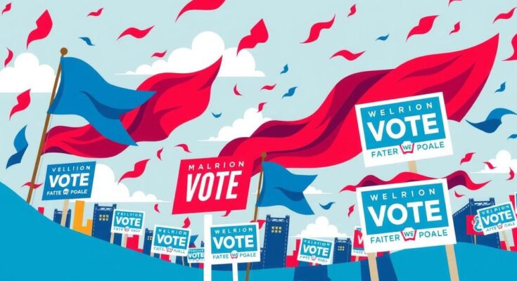 Une scène politique animée avec des symboles de démocratie, affiches électorales et couleurs vives, représentant une campagne électorale.