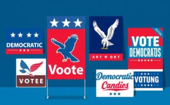 Democrat campaign posters in vibrant colours promoting candidates in a political race, featuring diverse symbols and themes.
