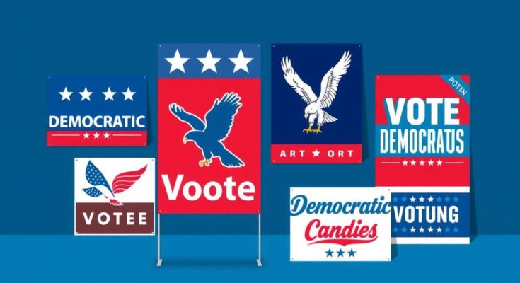 Democrat campaign posters in vibrant colours promoting candidates in a political race, featuring diverse symbols and themes.