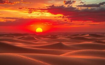 A striking sunset over Middle Eastern desert, symbolising geopolitical tensions, featuring warm oranges and deep reds.