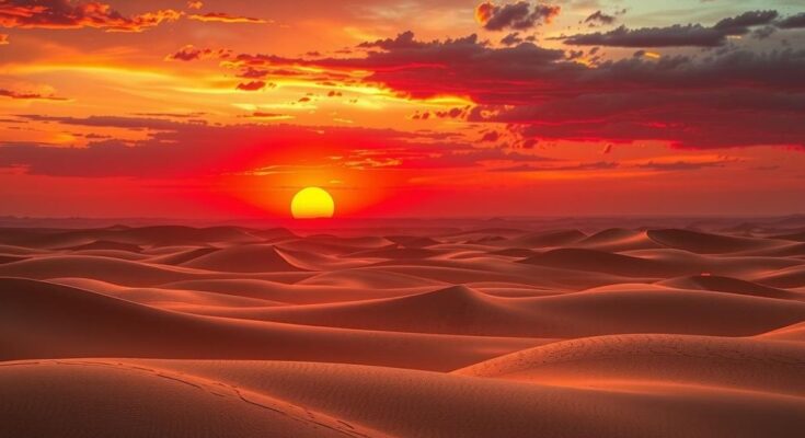 A striking sunset over Middle Eastern desert, symbolising geopolitical tensions, featuring warm oranges and deep reds.