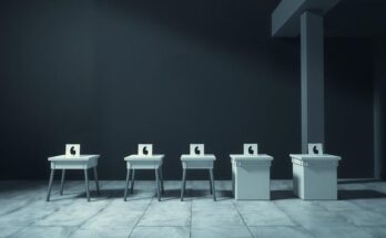 Gloomy representation of U.S. politics with shadows, muted colors, and empty ballot boxes symbolizing public dissatisfaction.
