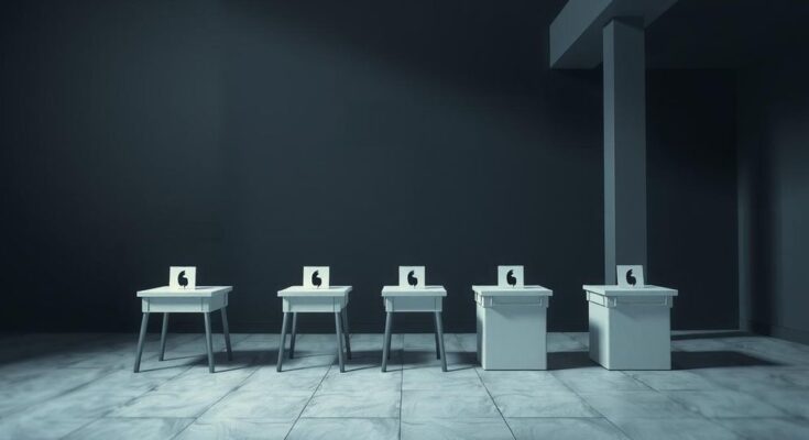 Gloomy representation of U.S. politics with shadows, muted colors, and empty ballot boxes symbolizing public dissatisfaction.