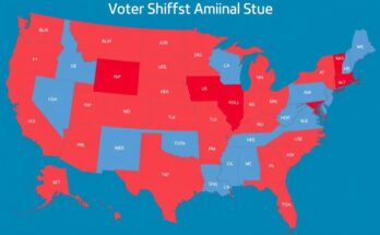 Peta politik Amerika yang menggambarkan pergeseran pemilih dengan nuansa merah dan biru.