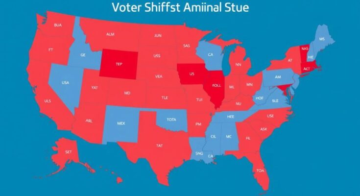 Peta politik Amerika yang menggambarkan pergeseran pemilih dengan nuansa merah dan biru.