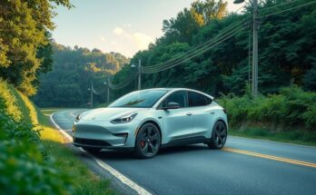 Un automobil electric Tesla parcat pe un drum pitoresc, inconjurat de natura verde, simbolizand schimbarile in vânzări.