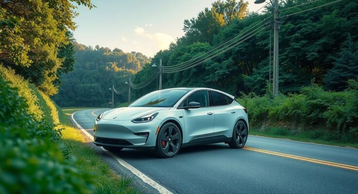 Un automobil electric Tesla parcat pe un drum pitoresc, inconjurat de natura verde, simbolizand schimbarile in vânzări.