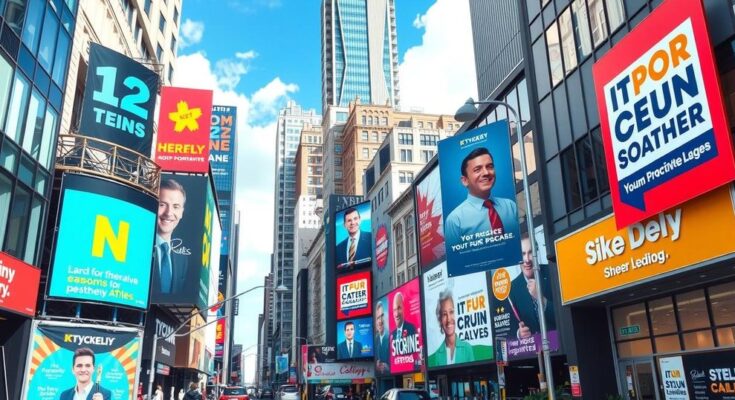 Un peisaj urban vibrant, cu reclame colorate, simbolizând campania inovatoare a unui tânăr politician progresist.