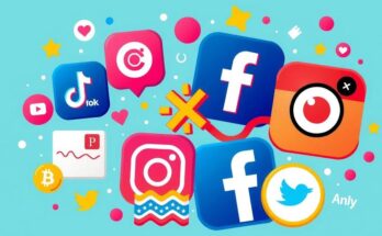Grafis visual media sosial yang menampilkan skema warna cerah dengan ikon TikTok, X, Facebook, dan Instagram berinteraksi.