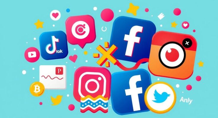 Grafis visual media sosial yang menampilkan skema warna cerah dengan ikon TikTok, X, Facebook, dan Instagram berinteraksi.