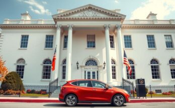 Червен електрически автомобил Tesla пред Белия дом, символизиращ политика и бизнес.