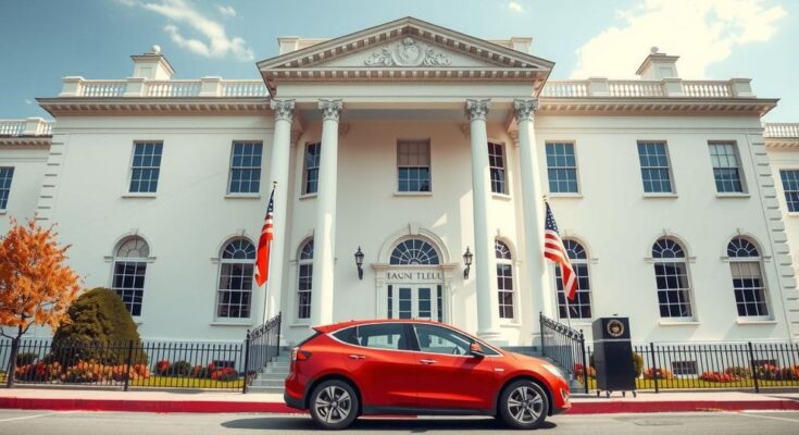 Червен електрически автомобил Tesla пред Белия дом, символизиращ политика и бизнес.