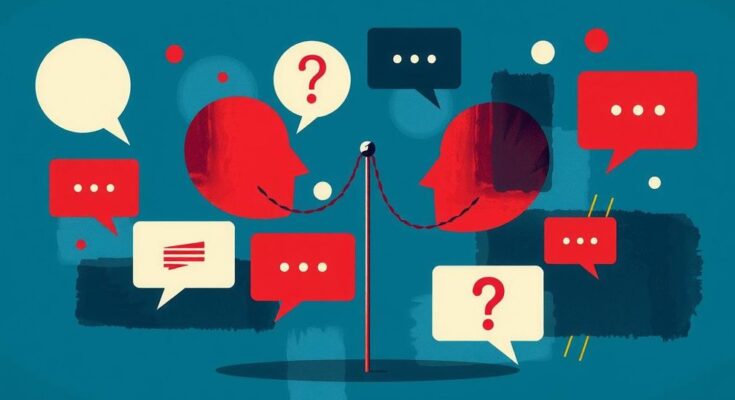 Rappresentazione astratta di una conversazione politica in un contesto di dibattito tra leader.